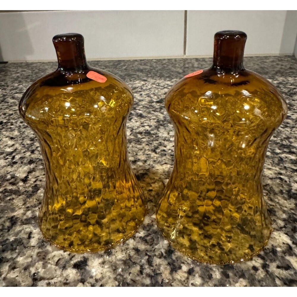 Pair of Vintage Amber Swirl Diamond Optic Votive Peg Light Candle Holders Mexico